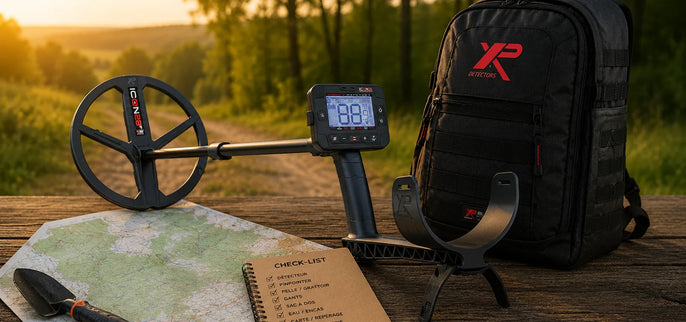 Équipement complet pour préparer une sortie détection avec détecteur XP IconX, sac à dos XP Backpack, carte et accessoires