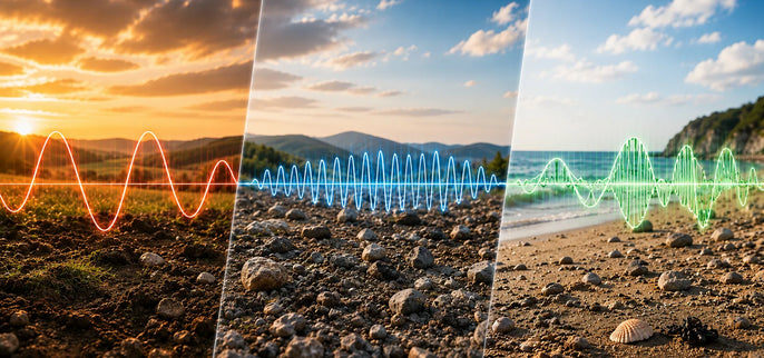 Illustration des fréquences de détection basse fréquence, haute fréquence et multifréquence sur différents terrains de détection