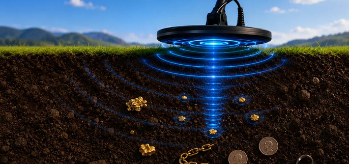 Illustration des hautes fréquences en détection de métaux montrant des ondes concentrées détectant de petites cibles comme l’or, les chaînes et les monnaies fines dans le sol.