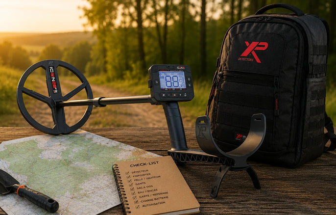 Équipement complet pour préparer une sortie détection avec détecteur XP IconX, sac à dos XP Backpack, carte et accessoires