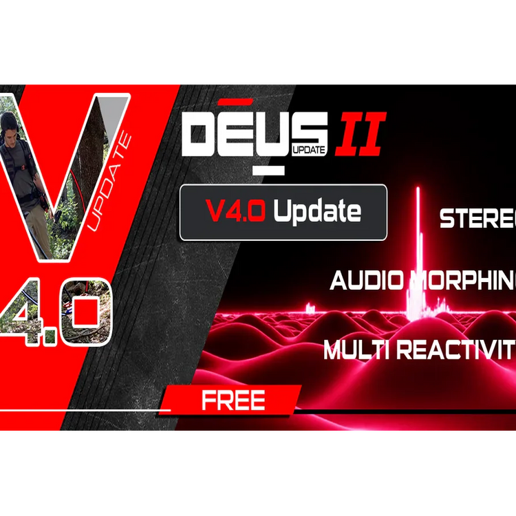 Mise à jour XP DEUS II version 4.0 mettant en avant les nouvelles fonctionnalités audio stéréo, audio morphing et multi-réactivité.
