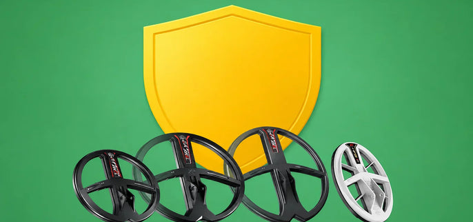 Bouclier de garantie avec disques XP FMF illustrant l’extension de garantie des équipements XP pour les détecteurs de métaux.