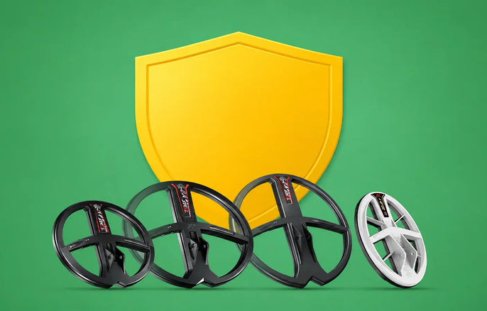 Bouclier de garantie avec disques XP FMF illustrant l’extension de garantie des équipements XP pour les détecteurs de métaux.