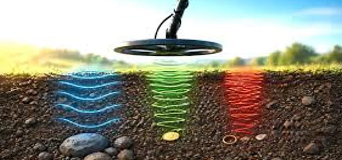 Illustration des fréquences de détection traversant le sol pour localiser différentes cibles métalliques
