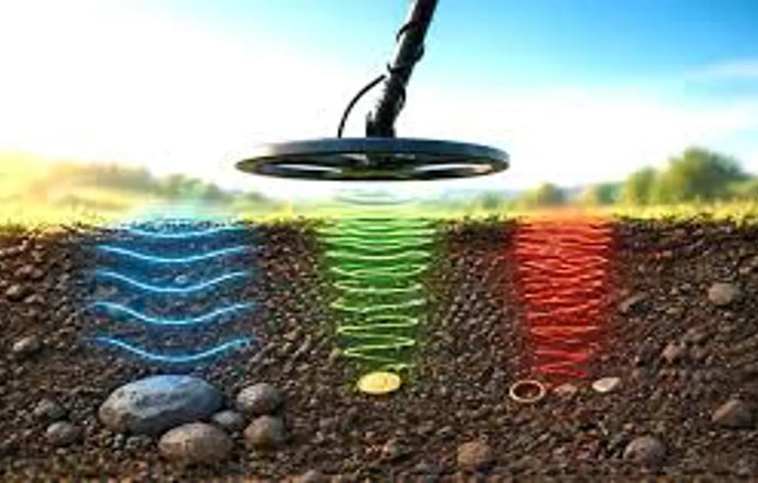 Illustration des fréquences de détection traversant le sol pour localiser différentes cibles métalliques