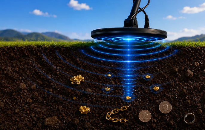 Illustration des hautes fréquences en détection de métaux montrant des ondes concentrées détectant de petites cibles comme l’or, les chaînes et les monnaies fines dans le sol.