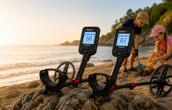 Détecteurs de métaux Nokta FindX et FindX Pro sur une plage au coucher du soleil avec enfants en arrière-plan
