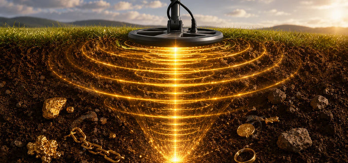 Illustration de la puissance d’un détecteur de métaux avec des ondes de détection pénétrant profondément dans le sol pour localiser différentes cibles métalliques.