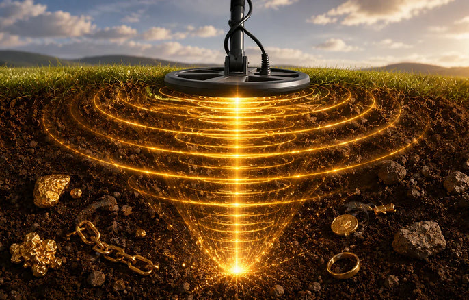 Illustration de la puissance d’un détecteur de métaux avec des ondes de détection pénétrant profondément dans le sol pour localiser différentes cibles métalliques.