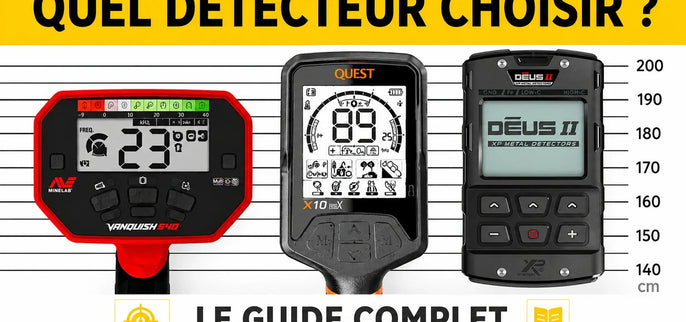 Comparatif de détecteurs de métaux avec Minelab Vanquish 540, Quest X10 ID MaxX et télécommande XP Deus II pour aider à choisir le détecteur le plus adapté à son niveau et à son budget.