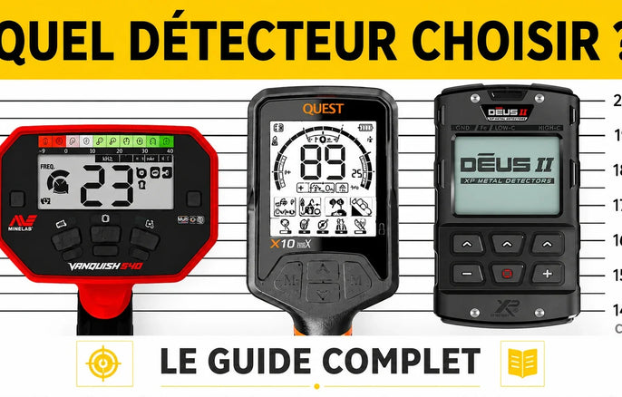 Comparatif de détecteurs de métaux avec Minelab Vanquish 540, Quest X10 ID MaxX et télécommande XP Deus II pour aider à choisir le détecteur le plus adapté à son niveau et à son budget.