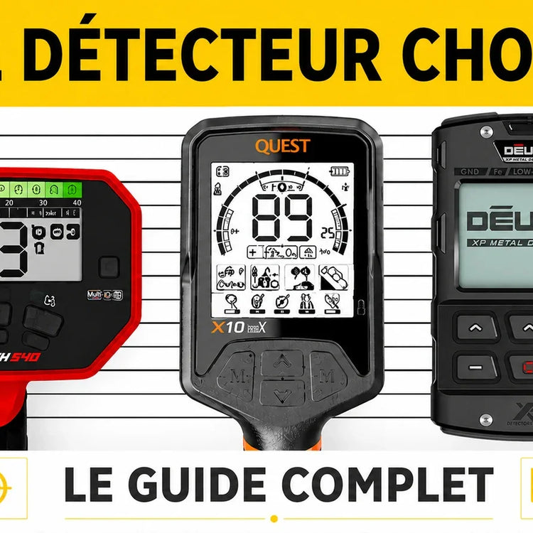Comparatif de détecteurs de métaux avec Minelab Vanquish 540, Quest X10 ID MaxX et télécommande XP Deus II pour aider à choisir le détecteur le plus adapté à son niveau et à son budget.