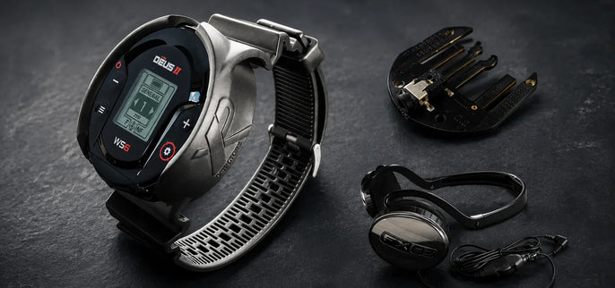Bracelet WS4 XP Deus avec casque et support de fixation permettant d’obtenir un affichage visuel sans télécommande sur un détecteur XP Deus.
